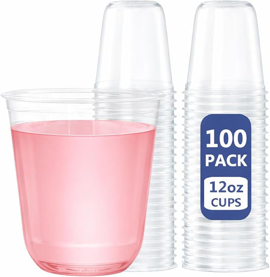 WELLIFE 100 Pcs 12 oz Clear Plastic Cups | Disposable Wine Glasses Stemless Cocktail Punch Cups for Cold Drinking Wedding Party Supplies Valentine's Day