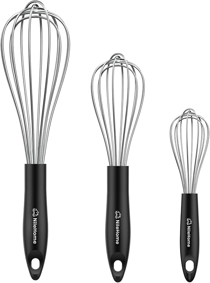 NileHome Silicone Whisk Set 8" 10" 12", 3 Pack Kitchen Whisk Kitchen Wisk Wire Whisks for Cooking, Whisking, Blending, Beating, Stirring-Black Silver