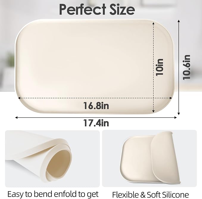 Silicone Coffee Maker Mat with Lip for Countertops 17.4''x10.6''Cream White | Multi leak-proof coffee tray for countertop, non-slip silicone mat fits most coffee makers & espresso machines, wipe-clean