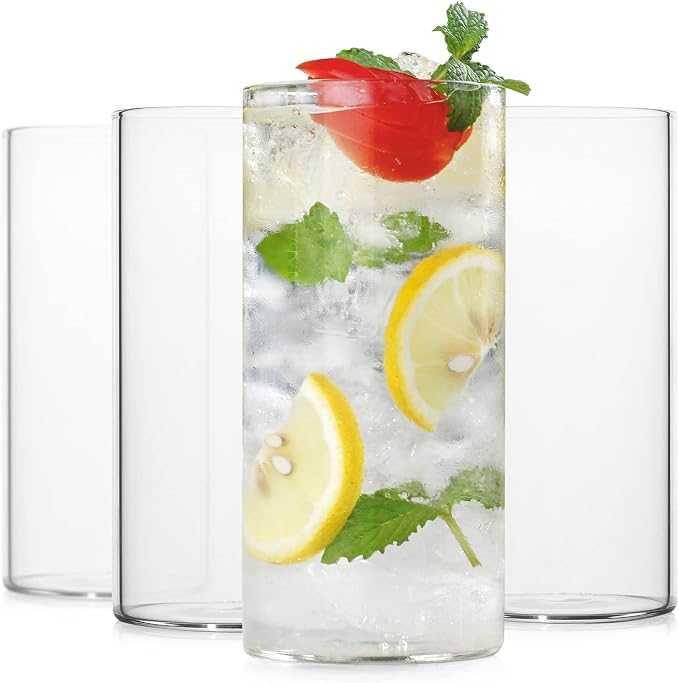 LUXU Drinking Glasses 13 oz,4pcThin Highball Glass,Clear Tall Beer Glass | Lead-Free Glassware,Clear Everyday Drinkware,Water Glasses,Mojito Glass Cups,Bar Glassware,and Mixed Drink Cocktail Glass Set