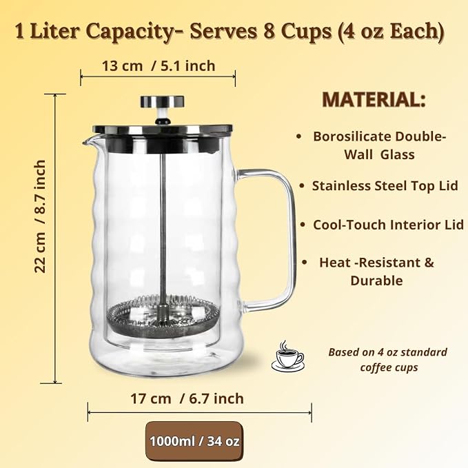 Glass French Press Coffee Maker, Heat Resistant Borosilicate Glass (34oz Wavy)