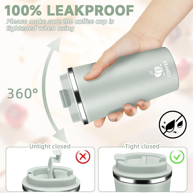 Insulated Travel Coffee Mug Reusable Coffee Tumbler Cup with Flip Lid Leak Proof Spill Proof for Office School Party Camping Hot and Cold Drink,Stainless Steel 17oz (Agave Green)