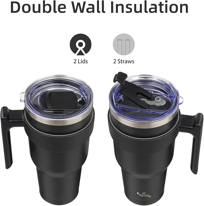 Konokyo 30 oz Tumbler with Handle and Straw, Insulated Travel Mug | Black; BPA-free, leak-proof tumbler with 2 lids, 2 straws, cup holder fit for coffee, office, travel & daily use