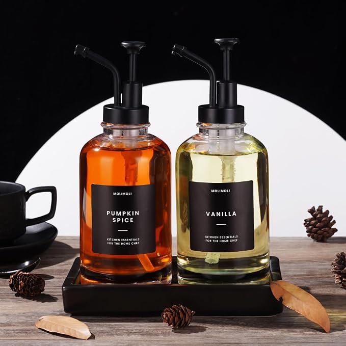 Coffee Syrup Dispenser - Glass Bottle with Pump, Maple/Coffee Syrup, Labels and Tray