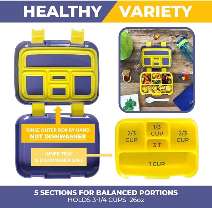 kinsho Bento Lunch Box Set with Thermo, Bag & Ice Pack, Blue Yellow Trucks | 5 Compartments, Removable Tray, Small Meal Snack Container Kids Boy Toddlers, Daycare Pre-School Kindergarten, Steel Food Jar