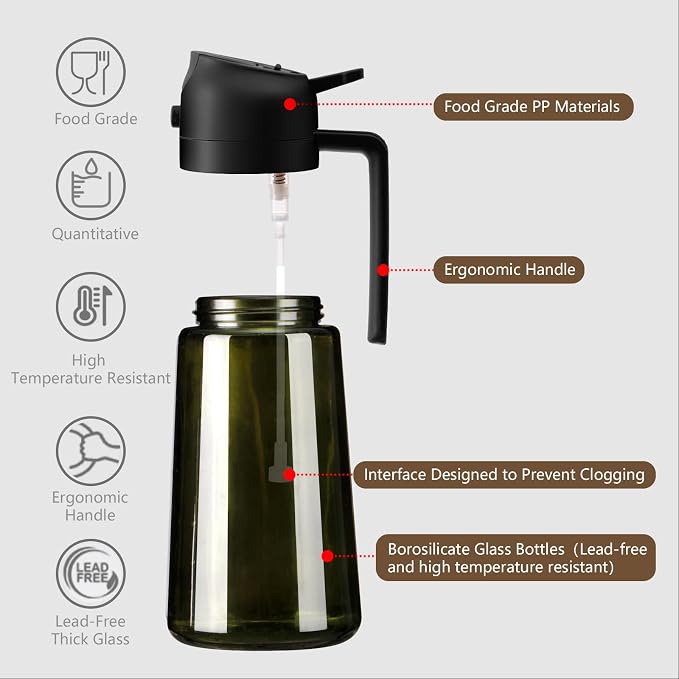 SWEET VIEW 2PCS Olive Oil Dispenser and Oil Sprayer | 16oz/470ml Glass Light-Proof Oil Pourer for Kitchen Air Fryer, Cooking, Salad, and BBQ, with Stickers