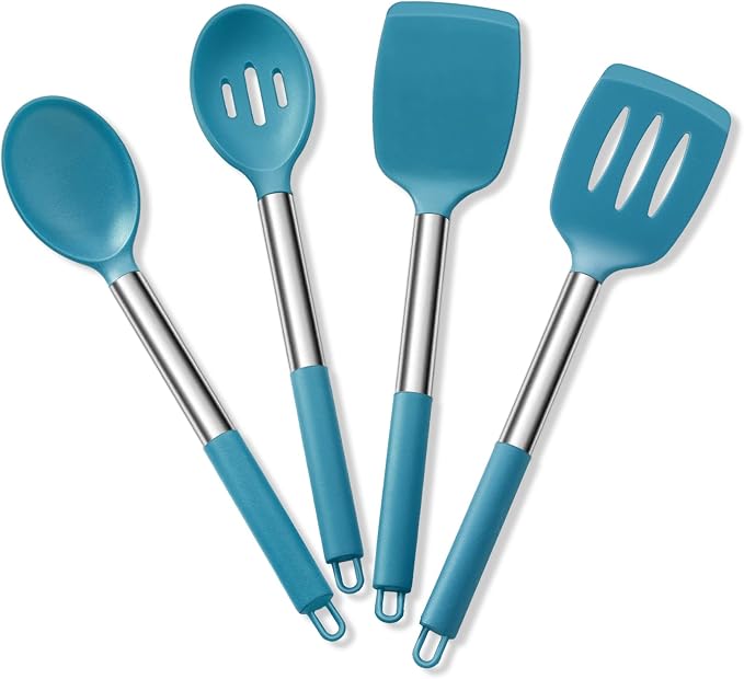 Cooking Utensils Set of 4, E-far Silicone Kitchen Utensils for Non-stick Cookware, Heat Resistant & Non-toxic Slotted Spatula Solid Spoon Turner for Flipping Mixing Serving Basting(Teal Blue)