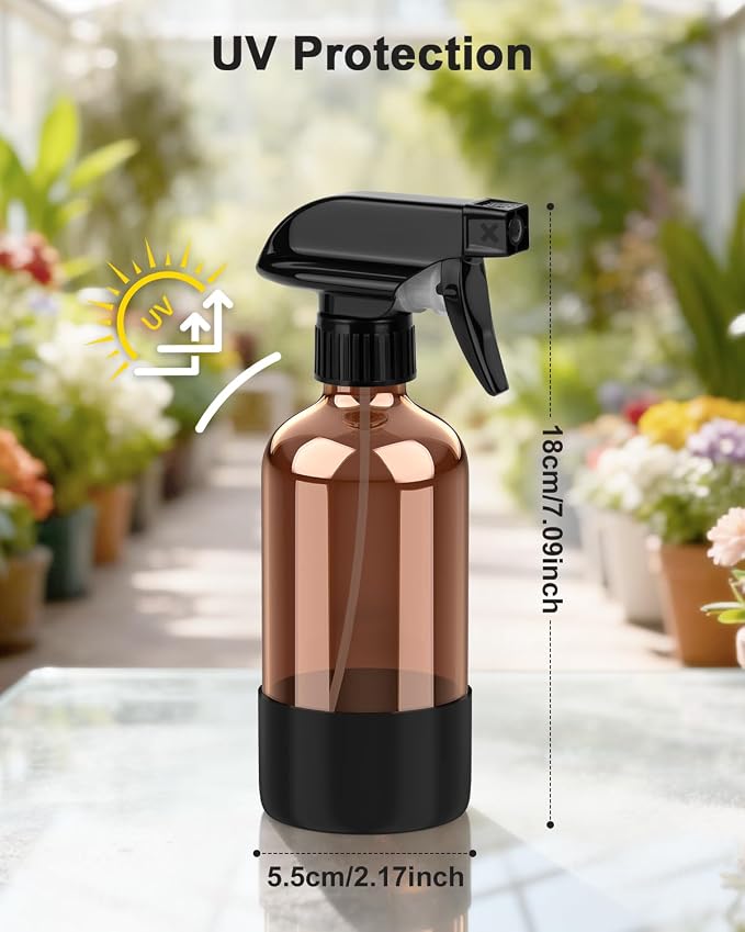 Bontip Amber Glass Spray Bottle, 8 oz with Black Silicone Sleeve, 1 Pack | Refillable amber glass bottle, With protective silicone sleeve, BPA-free, UV shielding, Great for cleaning solutions,plants