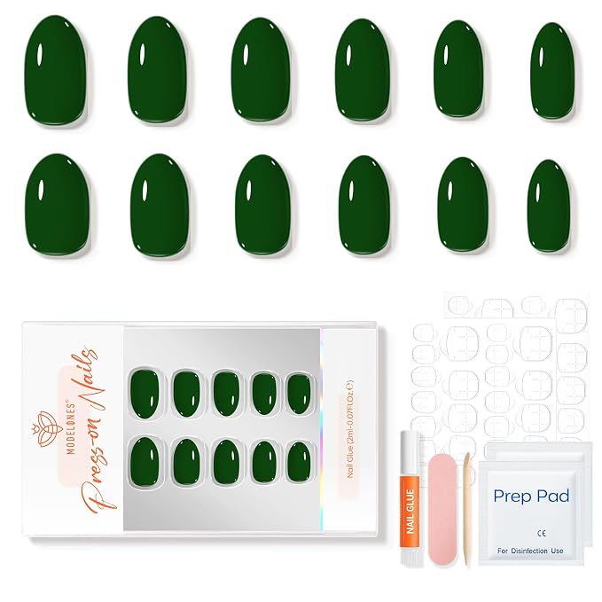 modelones Jewel Green Short Press on Nails, Oval Fake Nails Kit | Press Ons with Nail Glue, Adhesive Tabs, Nail File, Prep Pad, Manicure Stick, 32Pcs 16 Sizes, Summer Women Girl Gift