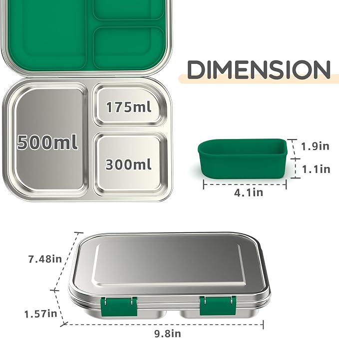 BOSEDSANG Stainless Steel Kids Leak-Resistant Bento Lunch Box, 3-Compartments with Silicone Container, Dishwasher-Safe, Child-Friendly Design for School, Picnics & Travel,BPA-Free (Green)