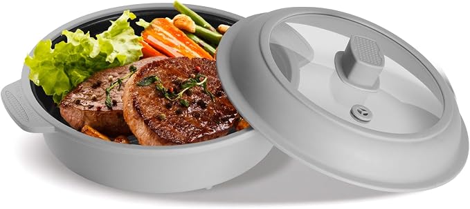 GLOU-GLOU GOOSE GGG Microwave Grill Pan, Fry Griddle Crisper Pan with Lid for Grilling Browning and Crisping Foods Microwave Silicone Cookware for Meat Sandwich Vegetable Light Grey