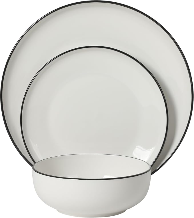 Gibson Home Havenstone 12-Piece Dinnerware Set – Dinner Plates, Salad Plates & Bowls, Classic White With Black Rim Everyday Dish Set for Home, Kitchen, Microwave & Dishwasher Safe