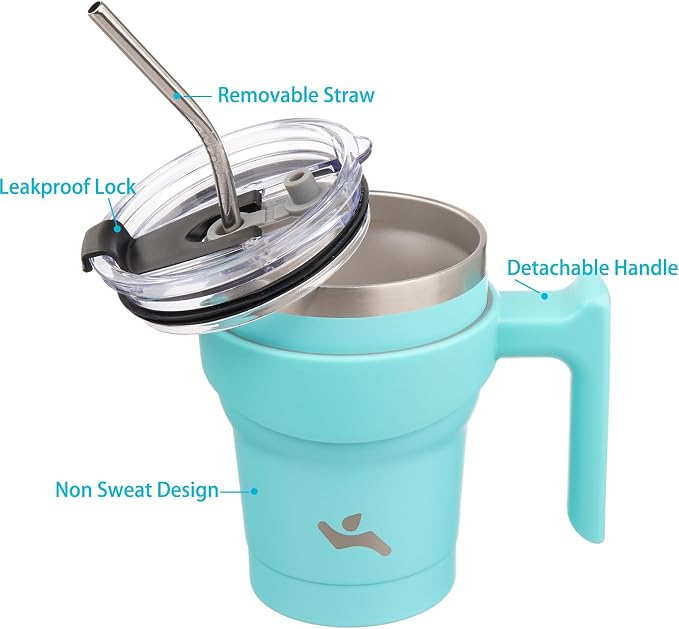 Konokyo 10 oz Tumbler with Handle and Straw, Insulated Travel Mug | Turquoise; BPA-free, leak-proof tumbler with 2 lids, 2 straws, cup holder fit for coffee, office, travel & daily use
