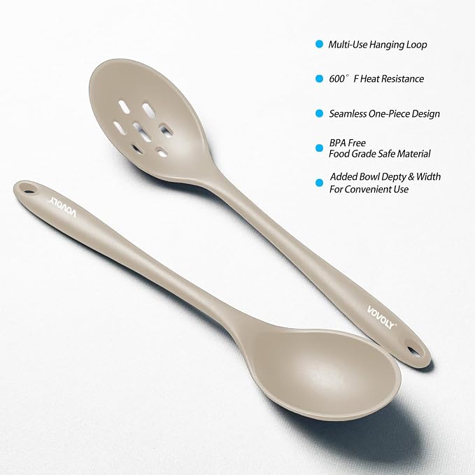 Silicone Slotted Spoons for Cooking - Extra Large Kitchen Spoons for Mixing, Serving, & Stirring - 600°F Heat-Resistant Non Stick Utensils Skimmer- Dishwasher Safe, Khaki