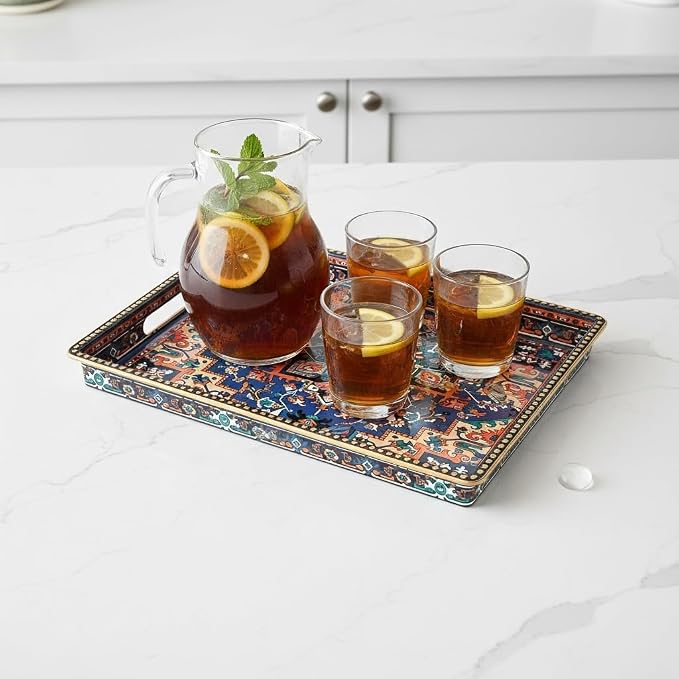 Boho Persian Rug Pattern Serving Tray with Handles, 15.7”x11.8” Rectangular Plastic Decorative Tray (Vintage Blue/Orange/Green) for Coffee Table, Ottoman, Bathroom & Living Room.