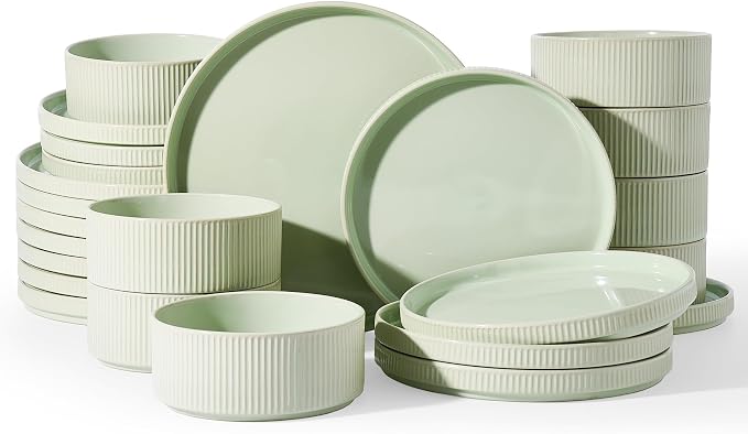 Famiware Stoneware Dinnerware Set for 8, Rimmed Plates, Bowls, Green Dishes | 24-Piece Ceramic Dishes, Chip & Scratch Resistant , Microwave & Dishwasher Safe, Everyday Dining, Modern Rustic, Lipped Edges