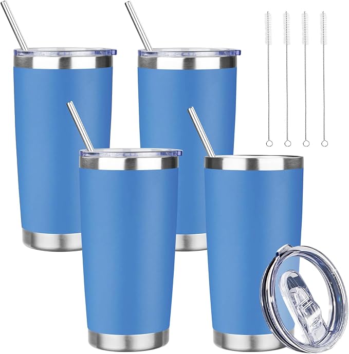 20 oz Tumbler with Lids and Straws, Stainless Steel Insulated Travel Coffee Mug, Double Wall Vacuum Insulated Tumblers, Powder Coated Coffee Tumbler for Cold & Hot Drinks (Sea Blue, 4 Pack)