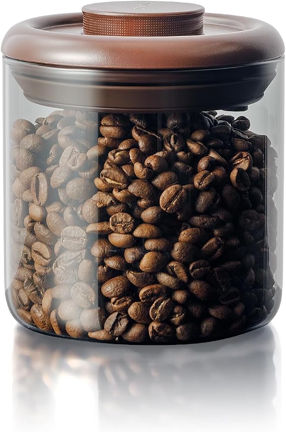 Airtight Coffee Canister with Pop Lid and CO₂ Valve for Beans & Grounds | Glass Storage Jar for Small Batches, 7oz, Brwon, Decaf and Specialty Roast, Compact Countertop Organizer for Home Coffee Bars