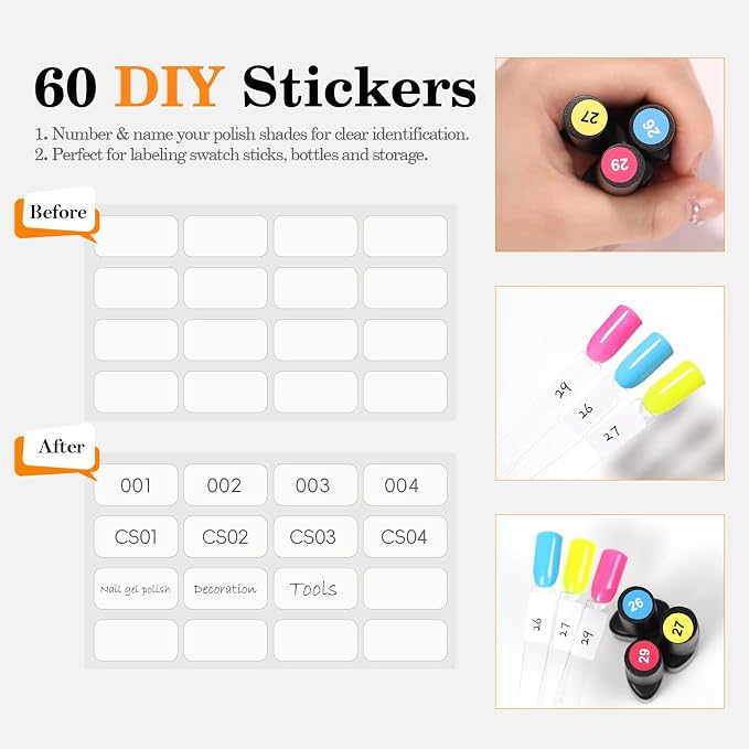 PEACECOLOR 50 Pcs Nail Swatch Sticks with Ring, Nail Color Swatches Display Kit with 60 Blank Number Sticker & Protective Container Box - Clear Fan-Shaped Swatch for Nail Art Practice Home and Salon