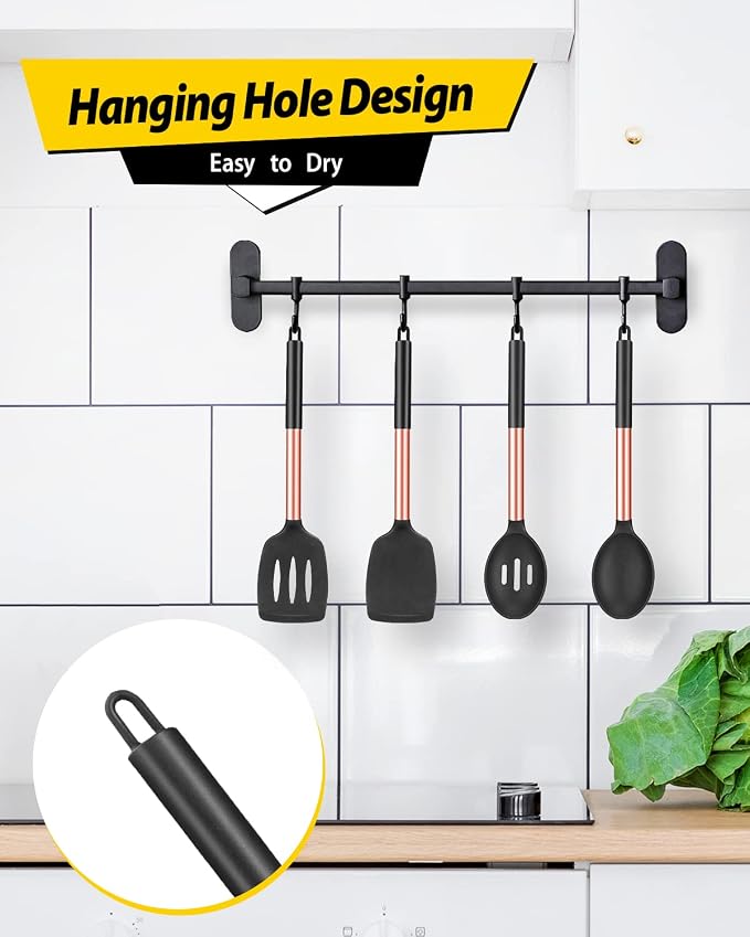Pack of 4 Silicone Cooking Utensils Set, Non Stick Large Solid Spatulas, Heat Resistant Rose Gold Black Slotted Spoons, Ideal BPA Free Kitchen Turners for Frying, Mixing,Serving,Draining,Turning