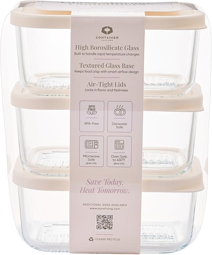 Glass Food Storage Containers with Lids — 6 Piece — 24.4 oz Glass with BPA-Free Leakproof Stackable Lids — Microwave, Oven & Dishwasher Safe — Ideal for Meal Prep & More - Vanilla Mist