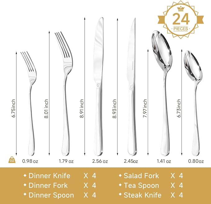 HIKAA Silverware Set with Steak Knives for 4, 24 Piece Heavy Duty 18/10 Stainless Steel Flatware Set, Mirror Polished Cutlery, Dishwasher Safe for Home Kitchen, Wedding, Housewarming Gift