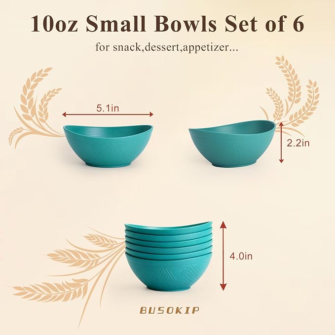 10oz Wheat Straw Bowls Set of 6, Unbreakable Plastic Bowls Reusable for Cereal, Snack, Dessert, Side Dish, Small Prep Bowls, Microwave Safe Bowls for Kitchen, Party, Camping - Green