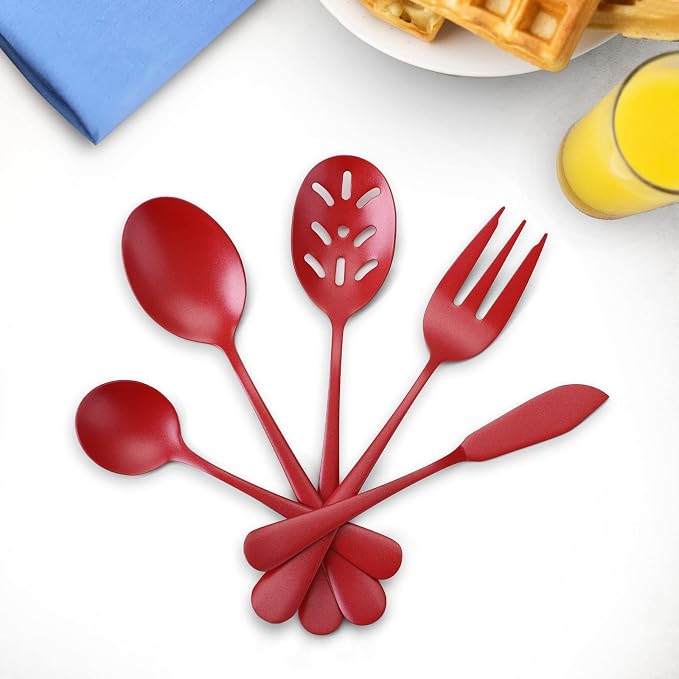 Bysta Serving Utensils Set, Red 5-Piece Hostess Set, Stainless Steel Silverware Flatware Cutlery Serving Set, Dishwasher Safe