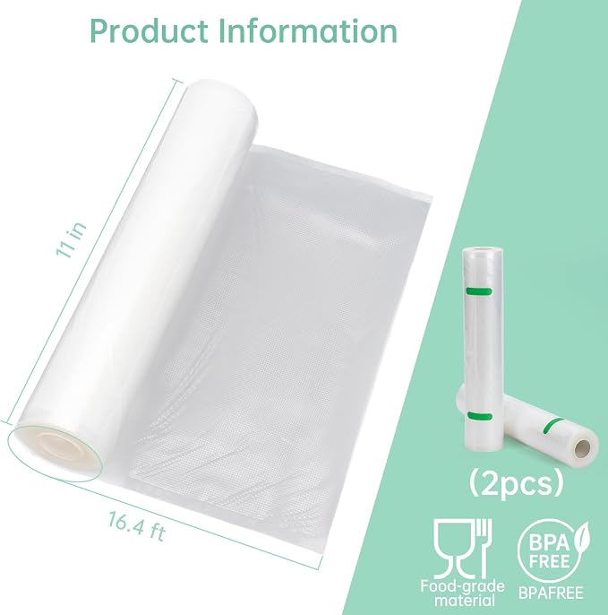 Vacuum Sealer Rolls Bags Compatible with Anova Culinary Vacuum Sealer Machine, 2 Packs 11" x 16.4' Commercial Grade, BPA Free Food Vac Bags for Food Storage, Sous Vide