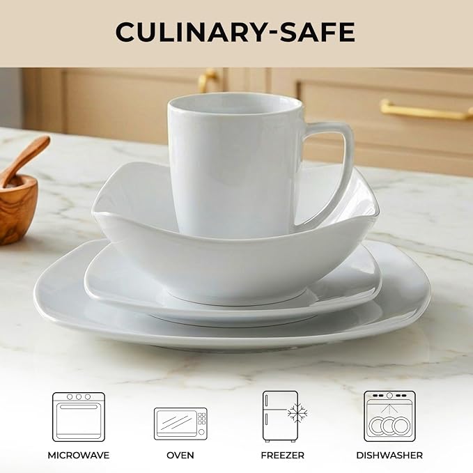 Zulay Kitchen Luna Plates and Bowls Sets, 16 Piece Modern Porcelain Dish Set for 4, Chip and Scratch Resistant Square Dinnerware Set, Microwave and Dishwasher Safe, Pearl White