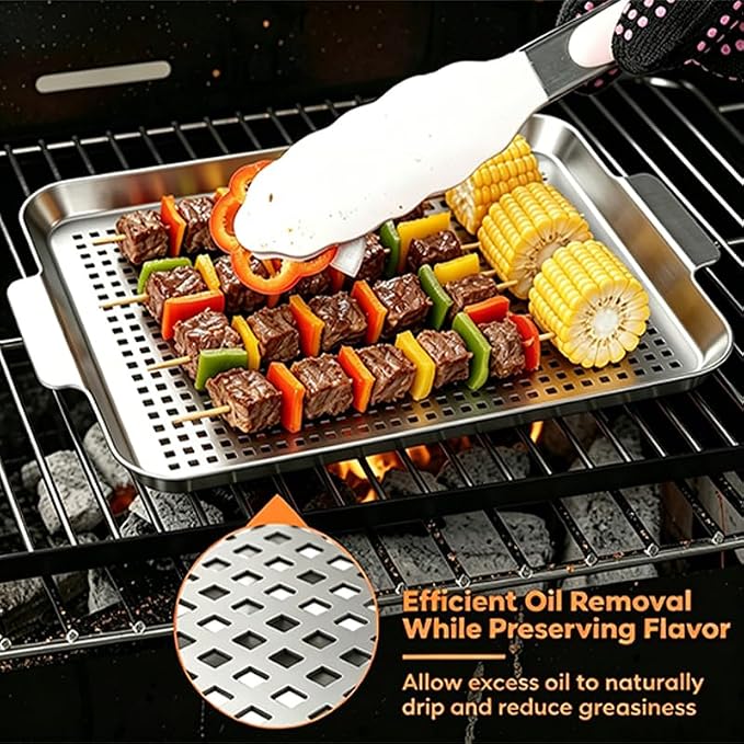 2pcs Grill pan for outdoor grill: Stainless steel Grill topper for outdoor grill - easy clean grill topper suitable for camping, picnic, party (large)
