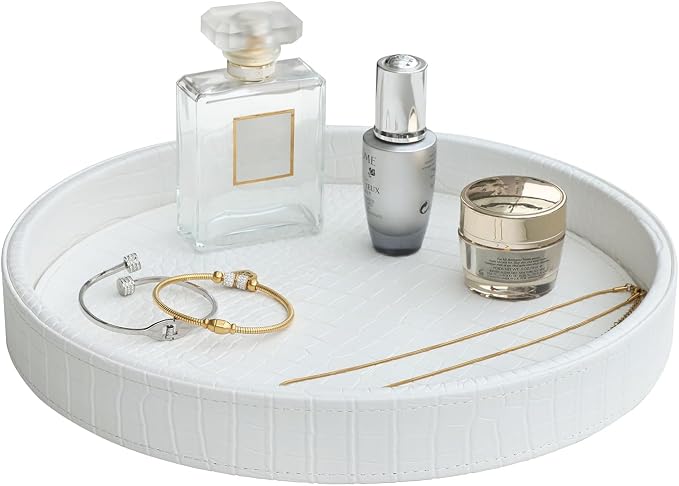HofferRuffer Faux Leather Round Serving Tray, Vegan Croco Leather Decorative Food Tray for Storage Drinks, Snack & Cosmetics, Dia.12'' x 1.6'' (White Croco, 12'')