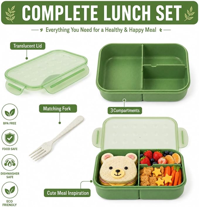 MISS BIG® Bento Lunch Box for Kids, 1150ml, 3 Compartments, Matcha Green | Matcha green kids bento lunch box for school meals, daycare snacks, light lunch, picnic, and travel.