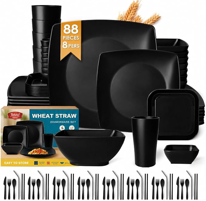 Teivio 88-piece With Flatware Plastic Kitchen Wheat Straw Square Dinnerware Set for 8, Unbreakable Dinner/Salad/Appetizer Plates, Snack Bowls, Dipping Sauce Cups,Tumblers, Dishwasher Safe Dish,Black