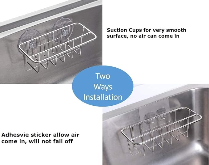 TESOT Sink Caddy Sponge Holder for Kitchen Sink Dish Cloth Hanger 2 Suspension Options(Suction Cups and Adhesive Hook), SUS304 Stainless Steel, Silver