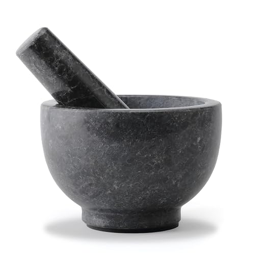 African Natural Granite Mortar and Pestle Set, Grinder Bowl for Guacamole, Salsa, Pill Crusher, Spice, Herb, Garlic, Nut, Heavy Duty Grinder for Kitchen (Glossy Finish)