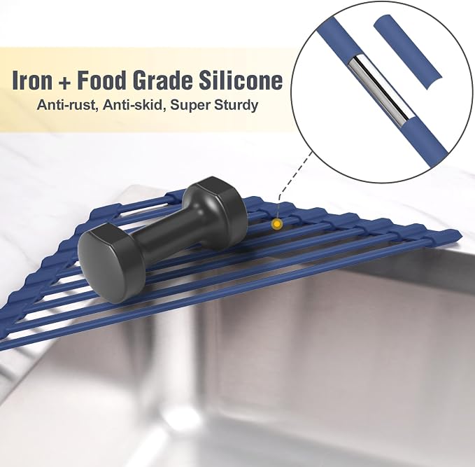 Tomorotec Roll Up Dish Drying Rack with Silicone Coating, Dark Blue | 304 Stainless Steel with BPA-Free Silicone, Triangle Design Maximizes Sink Corner Space, Fits Compact Kitchens And RVs