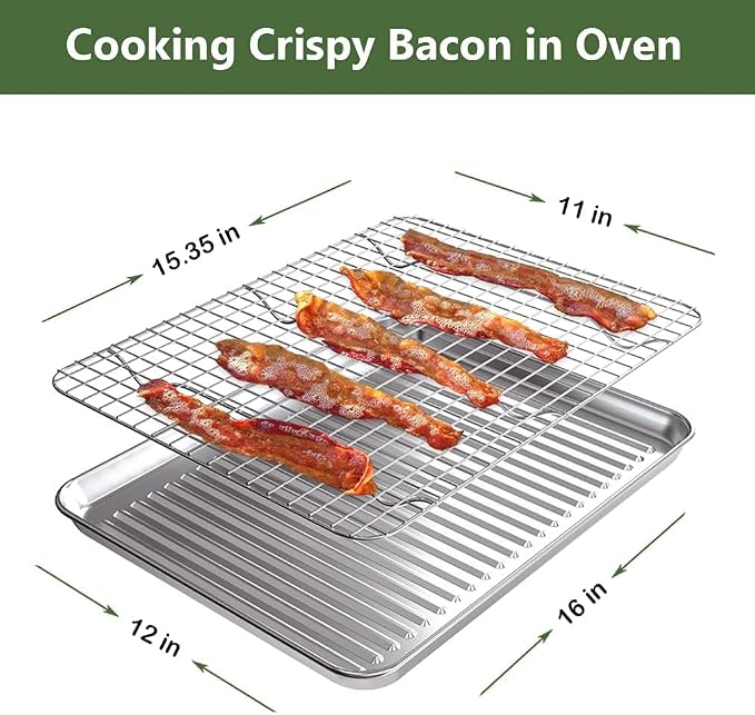 Baking Sheet with Cooling Wire Rack Set, Stainless Steel 2 Pans + 2 Racks | 16x12x1 Inches Baking Sheet Pan with Nonstick, Warp Resistant, Heavy Duty Design for Baking, Roasting, and Cooking