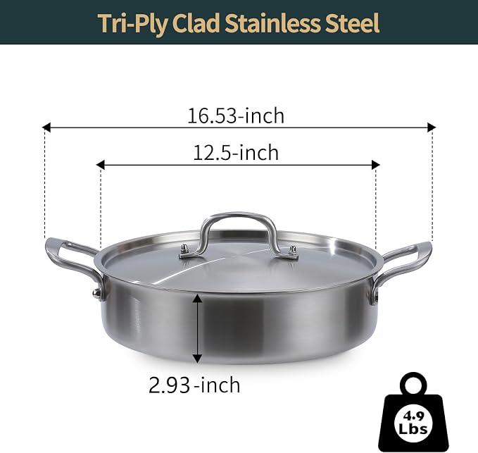 Yeksum Saute Pan with Lid, 5 Quart Tri-Ply Stainless Steel Saute Pan, 12inch Deep Frying Pan with Lid, Large Skillet, Rondeau Pot Compatible with All Cooktops Up to 600℉
