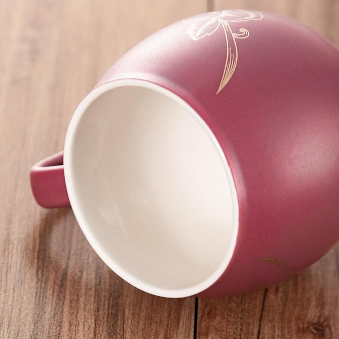 Yundu 12 OZ Ceramic Mug with Lid & Tea Strainer - Matte Purple Tea Cup with Golden Flower, Stainless Steel Infuser for Loose Leaf Tea