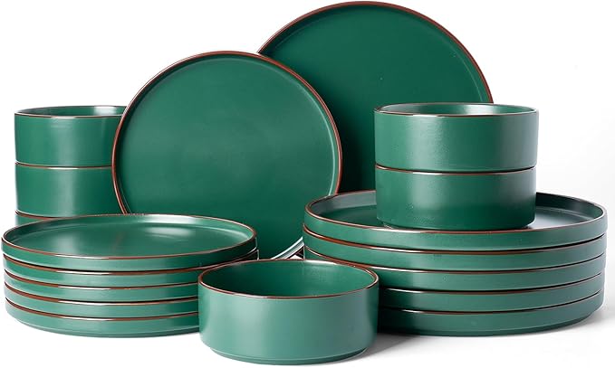 Famiware Nebula Ridge 18-Piece Stoneware Dinnerware Set, Dark Green | Plates and Bowls for 6, Warm Hand-Painted Rims, Microwave and Dishwasher Safe, Daily Essentials