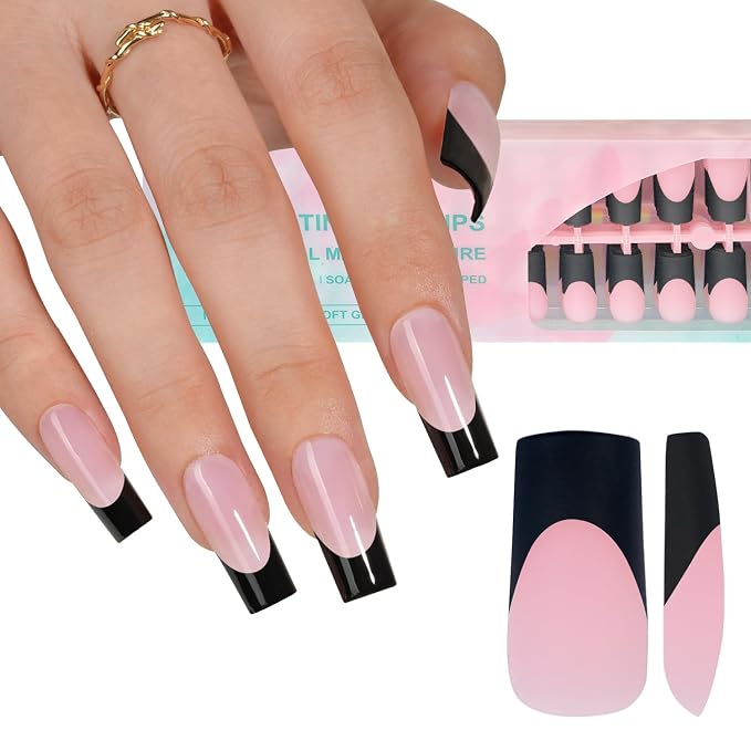 Misssix 240Pcs French Tip Press on Nail Long Square Gel Fake Nails Pink | Black French Nail Tips No Need to File 3 in 1 Pre-lasting for Nail Art DIY 15 Sizes