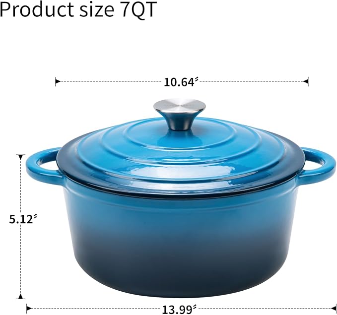 7-QT Enameled Cast Iron Round Dutch Oven With Lid,Oven safe,Blue | Large enameled cast iron Dutch oven,Retains moisture,PFAS-free,500°F,sourdough,braising/stews/roasting,Housewarming Gift