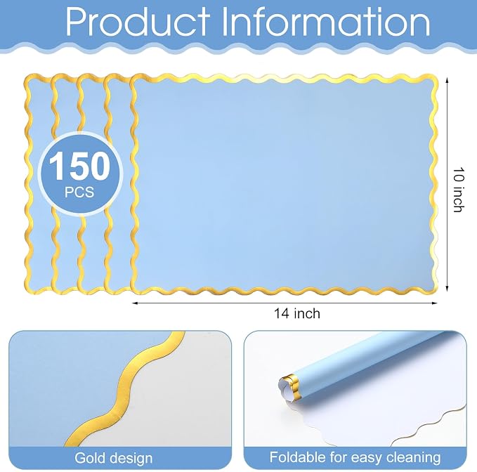 FoldTier 150 Pcs Disposable Paper Placemats Bulk 10"x14" Rectangle Place Mats with Scalloped Edges Dining Table Mat for Wedding Birthday Party Table Decoration(Baby Blue)