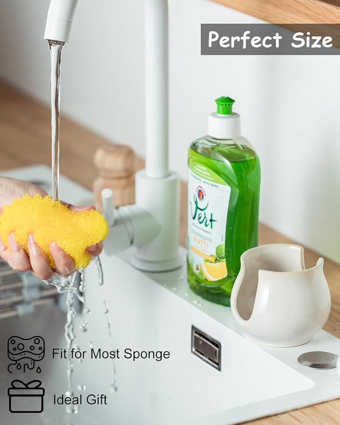 Zoeeker Sponge Holder for Kitchen Sink, Ceramic Dish Sponge Caddy | Scouring Pad Holder Kitchen Storage Accessories Brush Holder for Bathroom, Countertop, Sink, Farmhouse Kitchen Decor, White