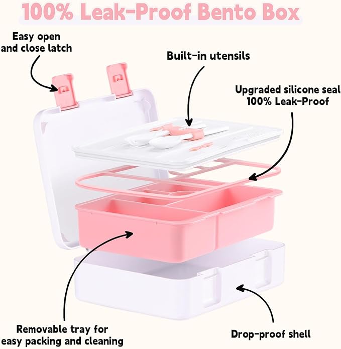 rockpapa 5.5 Cups Bento Lunch Box for Kids, 5-Compartment, Rainbow | BPA-Free, Leak Proof, with Utensils & Handle, Microwave Safe, Dishwasher Safe, for School, Picnic, Boys, Girls