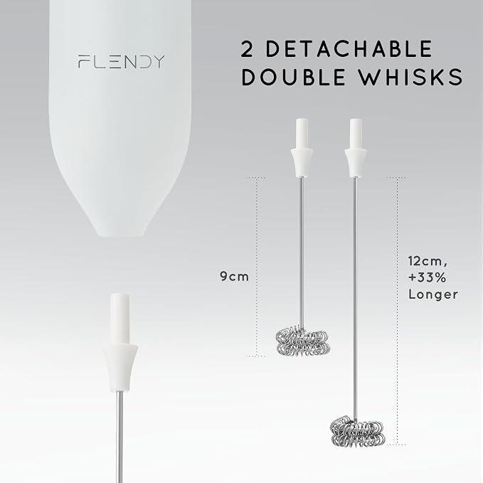 Flendy Rechargeable Milk Frother Handheld with Charging Stand | USB-C Charging Dock, 2 Detachable Double Whisk, Extra Long Mixer Wand, Wall Mount, Top Button, Compact Electric Stirrer