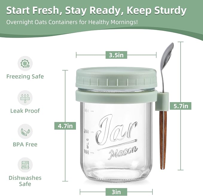 4 Pack Overnight Oats Containers with Lids and Spoons, 16 oz Glass Mason Jars with Airtight Lids, Overnight Oats Jars for Milk, Cereal, Fruit