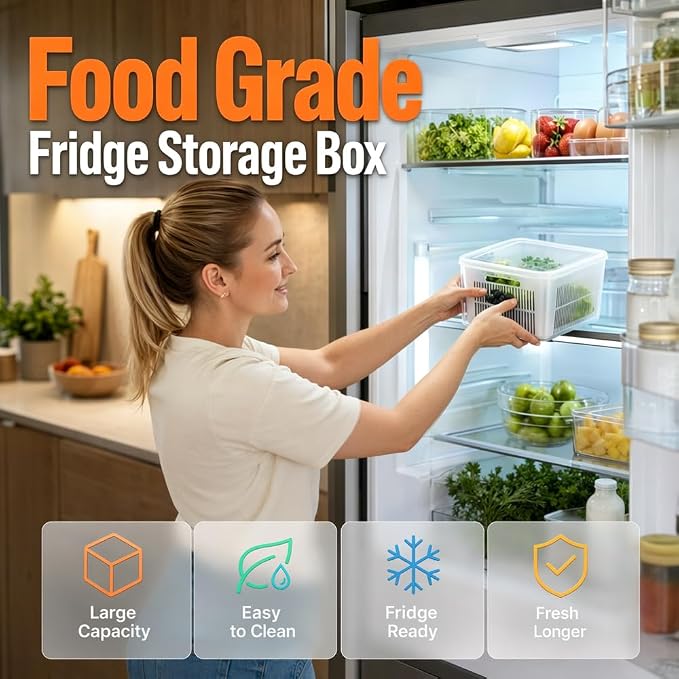 Kruggo Fruit Storage Container For Fruit Kitchen Storage (A, S+M+L) | Removable Colander Produce Storage Containers for Fridge Organizer