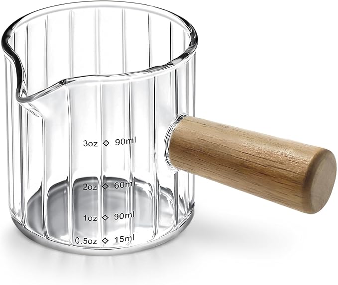 Espresso Measuring Cup 3 Oz, Espresso Glass Cups with Wood Handle, Milk Frothing Cup, Espresso Cup for Coffee, Milk, Tea or Maple Syrup Serving